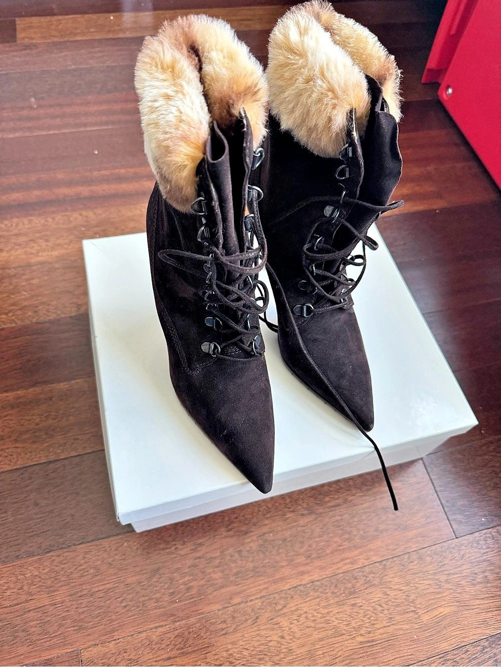 Manolo Blahnik Fur Trim Pointed Toe Suede Boots EU 39
